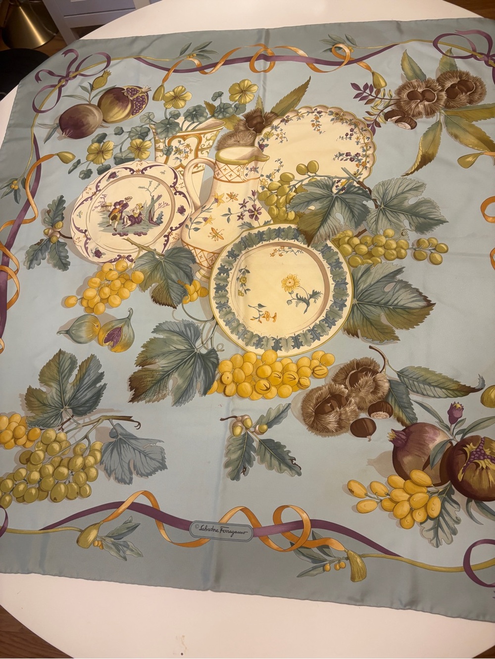 Vintage Salvatore Ferragamo Silk Scarf - Antique Plates & Grapes Harvest Print